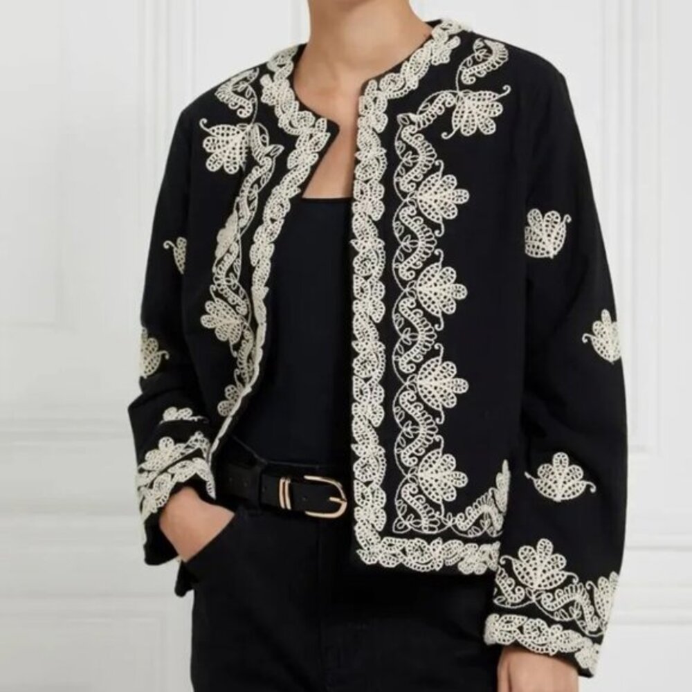 NWT Gallery Womens Large Black Stella Embroidered Jacket Ivory Floral Pockets